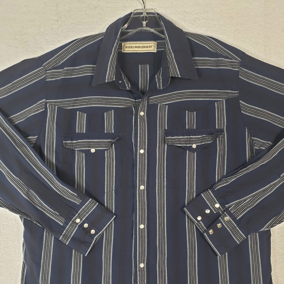 Vintage Bit Bridle Pearl Snap Shirt Mens XL XLarge Blue Striped