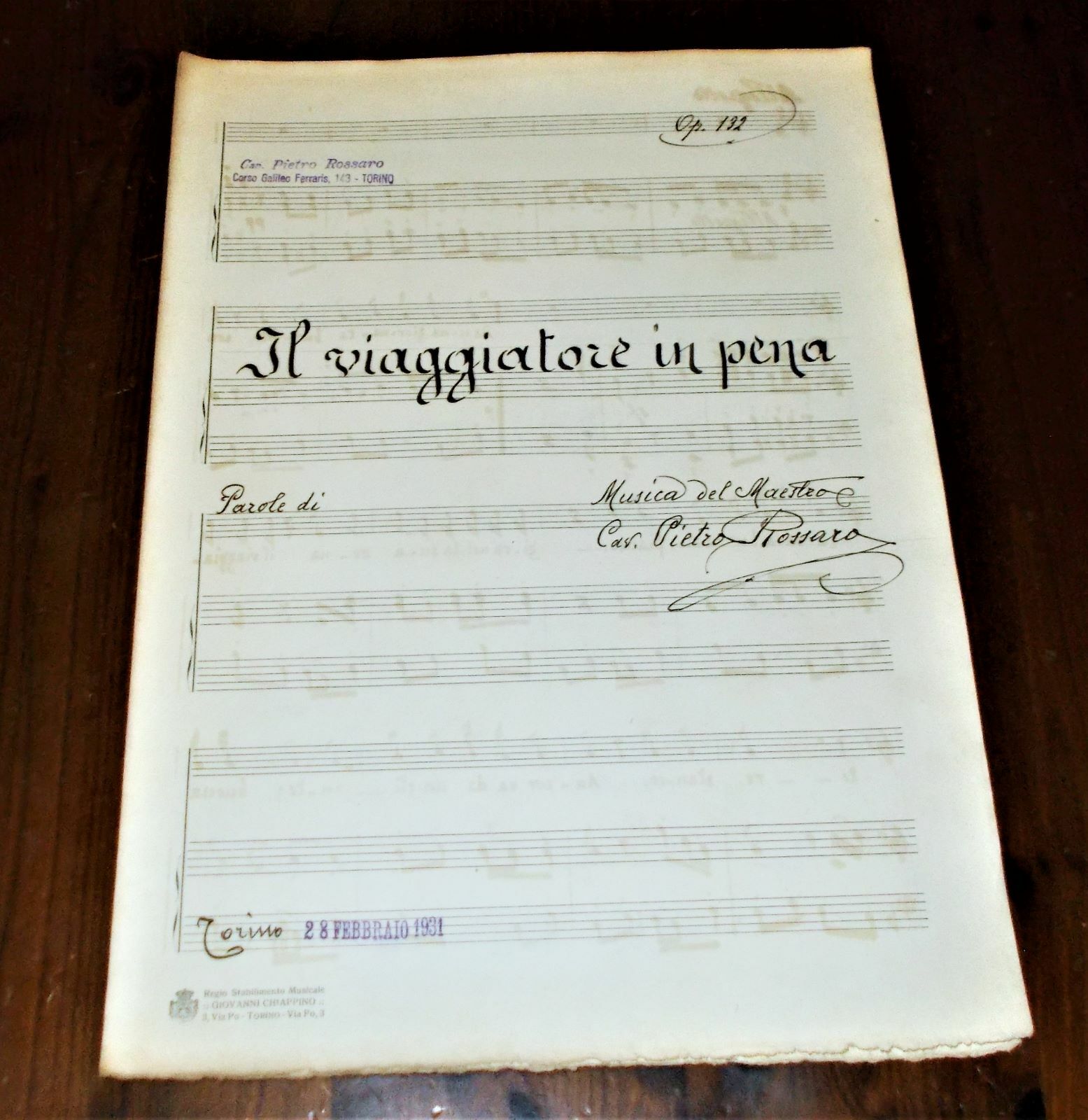 Spartito MANOSCRITTO firmato PIETRO ROSSARO Il viaggiatore in pena 1931 PIANO
