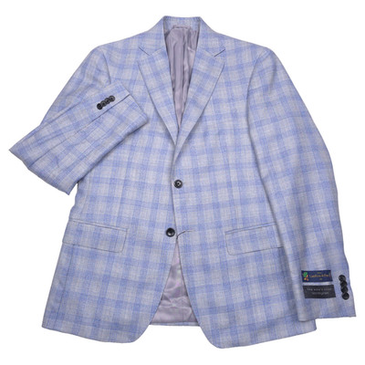 Bloomingdales Wool Sport Coat Mens 46R Light Blue & Gray Plaid Blazer Jacket