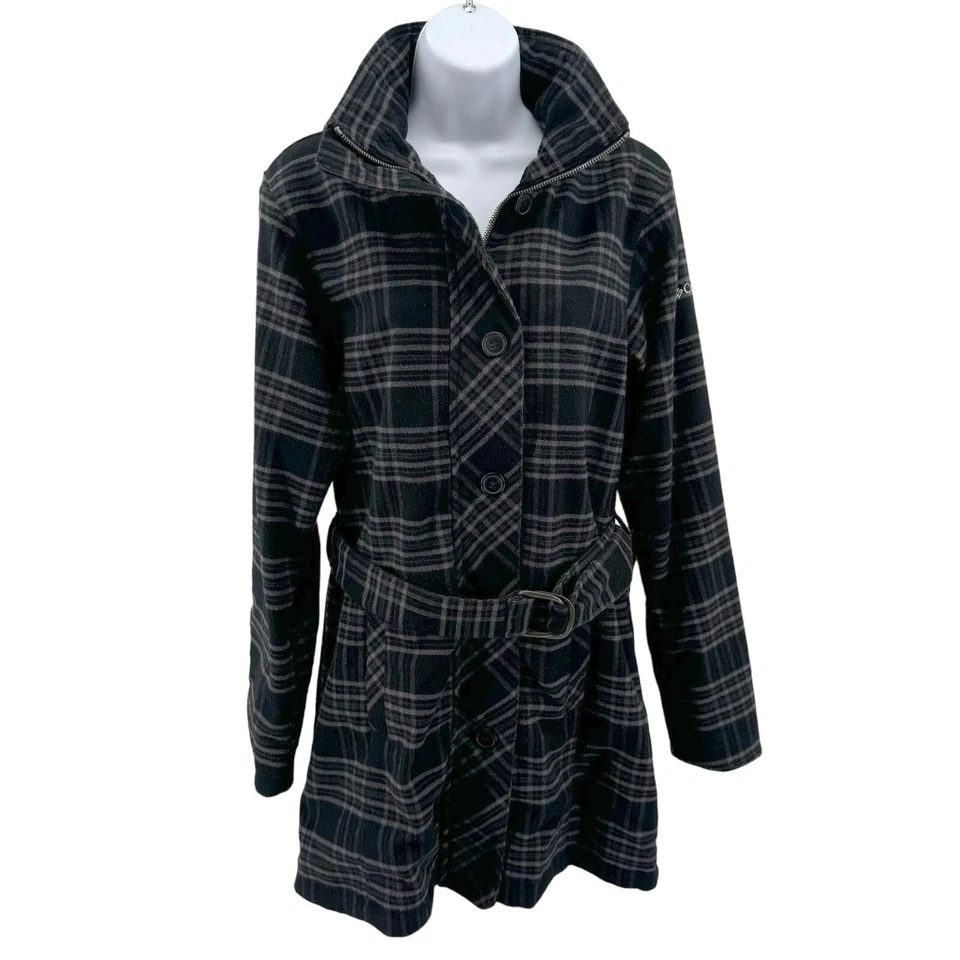 Gabardina Columbia negra/púrpura a cuadros Omni Heat con cinturón para mujer S con capucha cremallera Foto 3 de 4