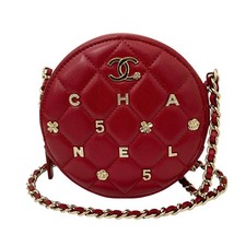 AUTH CHANEL MATELASSE ICON ROUND POCHETTE MINI CHAIN BAG LAMBSKIN RED WOMEN'S