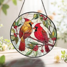 Cardinals Couple Glass Suncatcher Window Hanging Bird Art