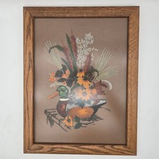 Vintage Mallard Duck Decoy Crewel Yarn Art Wall Hanging Framed Cattails Flowers 