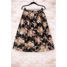 Lucia Vintage Floral Midi Skirt Black Pink Yellow Rayon Made in USA Size 16