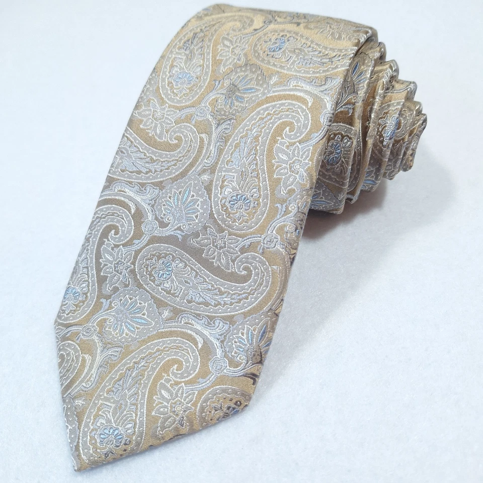 Corbata delgada Joseph Abboud oro pálido plata azul cachemira tejida 100 % seda Foto 2 de 4