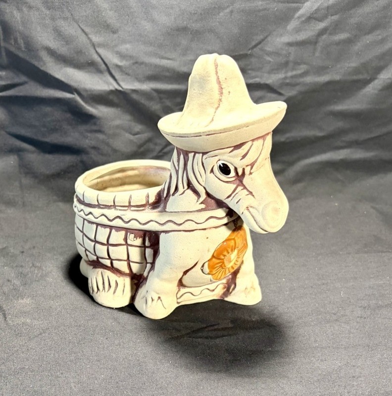 🚨 VINTAGE 1970’s Ceramic Bisque Donkey with Cowboy Hat & Basket Cart Planter 🫏