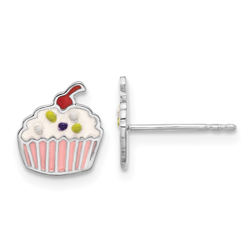 Sterling Silver Polished Multi-color Enamel Cupcake Children's Stud Earrings