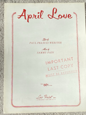 1957 APRIL LOVE Sheet Music by Sammy Fain, Paul Francis Webster