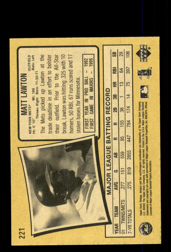 Signed Baseball Card Auto Matt Lawton 2002 Upper Deck Vintage #221 New York Mets - Image 2 of 2