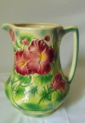 PICHET A EAU FAIENCE BARBOTINE ST CLEMENT N° 7529 CAPUCINES PEINT MAIN - Photo 1/4
