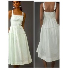 By Anthropologie Square Neck Linen Midi Dress Light Green XS