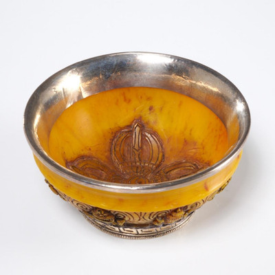 Tibetan Buddhist Silver Carved Faux Amber Mikky Water Offering Alter Bowl 4.5''di