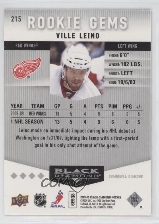 2009-10 Upper Deck Black Diamond Rookie Gems Ville Leino #215 Rookie RC - Image 2 of 2
