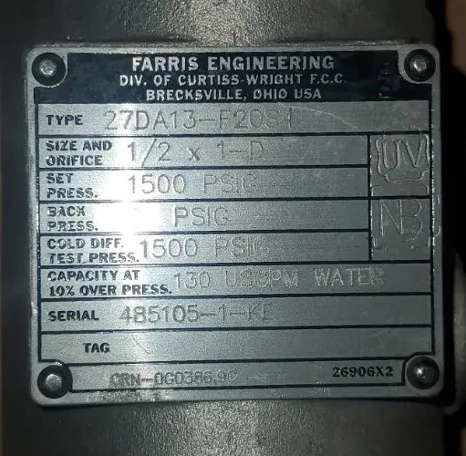 Farris 1/2" X 1-D Stainless Relief Valve  27DA13-F20S4 1500 PSIG - Image 4 of 4
