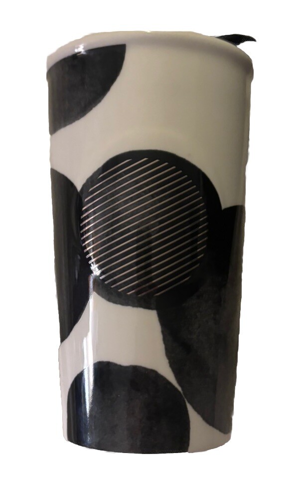 Starbucks Ceramic Black White Metallic Lid Coffee Travel Mug 10oz 2014 Cow Print
