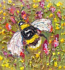 Bee Painting Honey Bee Original Art Pink Flower Artwork Honeybee Bumblebee Oil
