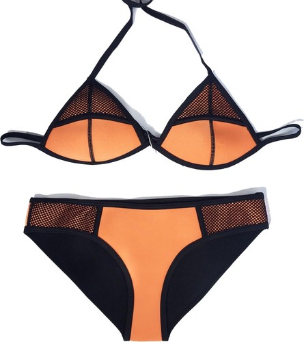 Womens Halter Neoprene Bikini Set Swimwear Mesh Top Wet Suit Set Bathing Suit - Picture 14 of 34