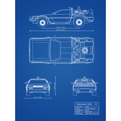 DeLorean DMC-13 Future Time Travel Car Blueprint Plan Large Wall Art Print 18X24