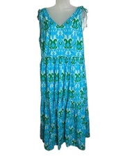 Talbots Maxi Dress Plus Sz 16 Blue Green Ikat Tiered Lined V Neck Travel Resort