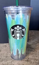 Starbucks 2016 Green Blue Watercolor Paint Brush Strokes Cold Cup Tumbler 20 oz