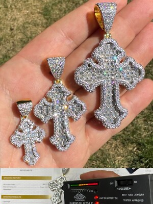 MOISSANITE Gothic Cross Pendant Iced Baguette Necklace Gold Plated