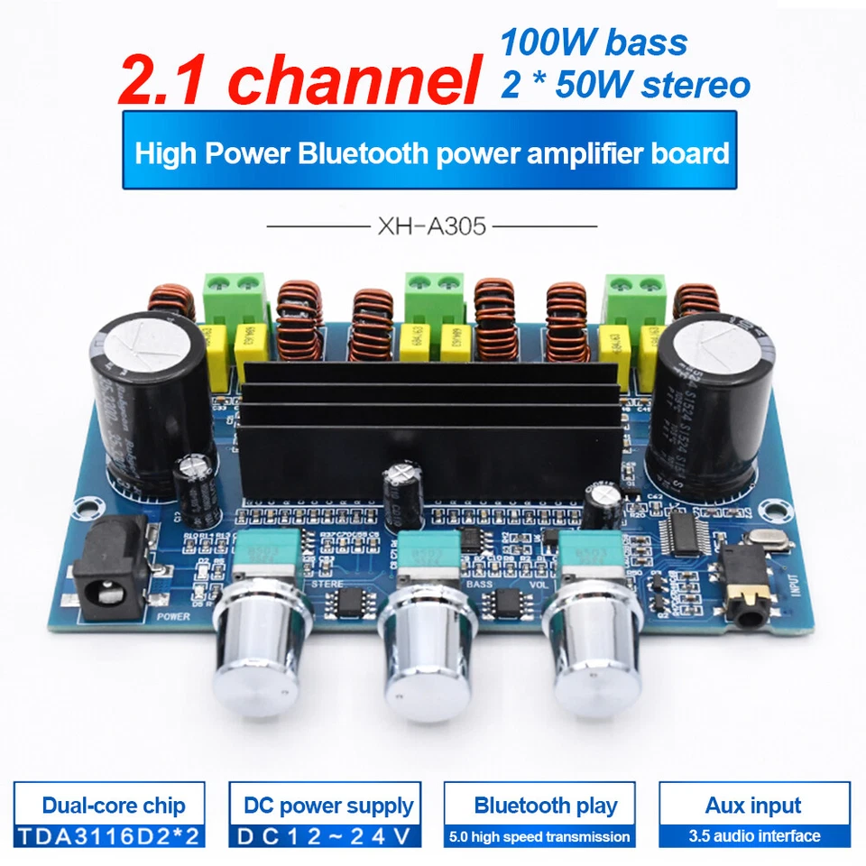 TPA3116D2 Bluetooth 5.0 2.1 Channel  Digital Power Amplifier Board 2*50W+100W - Image 3 of 4
