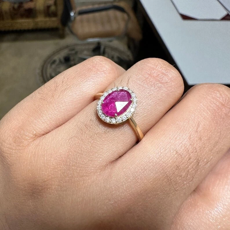 1.08 Ct Ruby & Natural Diamond Prong Ring 14K Solid Yellow Gold - Image 3 of 4