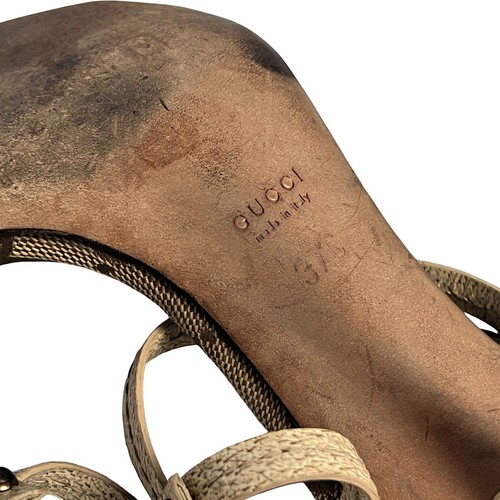 Gucci Sandals Heels GG 37 4 Logo Monogram Strappy Open Toe Beige Vintage - Picture 5 of 6