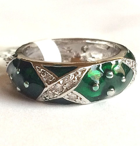 Green Enamel Ring Band Size 6 8 9 10 Band Silver Rhodium Plated Cubic Zirconia - Picture 6 of 12