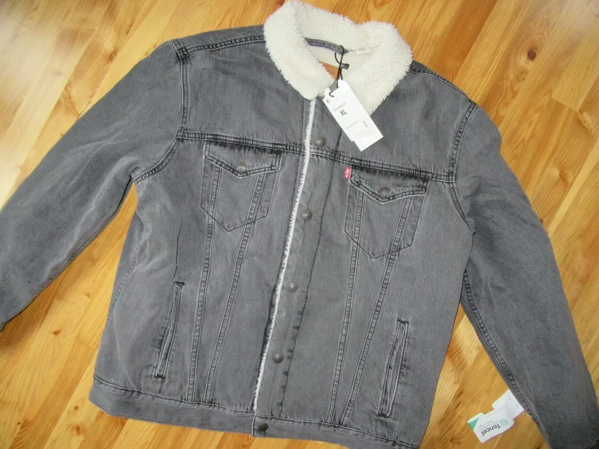 Levi Mens XL L S 4 Pockets Tencel Faux Fur Button Down Denim Jacket NWT NICE