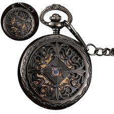 Hollow Mechanical Hand-Winding Pocket Watch Roman Numeral Skeleton Dial Display.