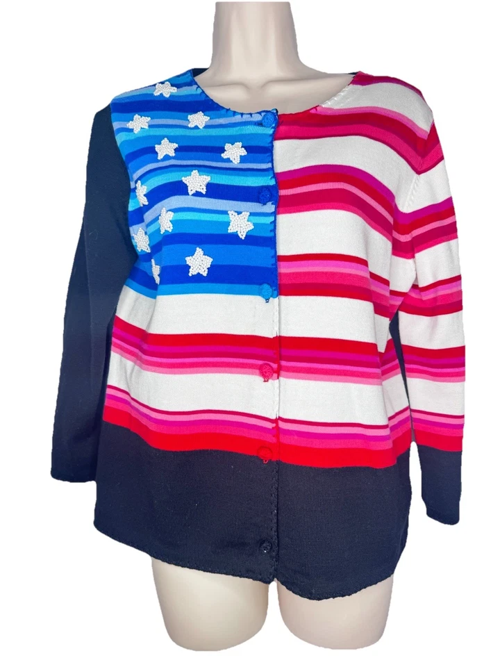 Cárdigan Smitten De Colección Bandera Michael Simon EE. UU. Estrellas Americanas Rayas Cuentas Talla M Foto 2 de 4