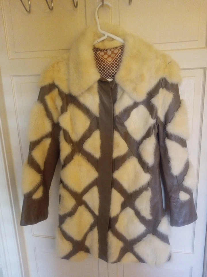 Vintage Cream And Pastel Mink/Rabbit And Chocolate Leather Coat Small Stunning - Image 2 of 4