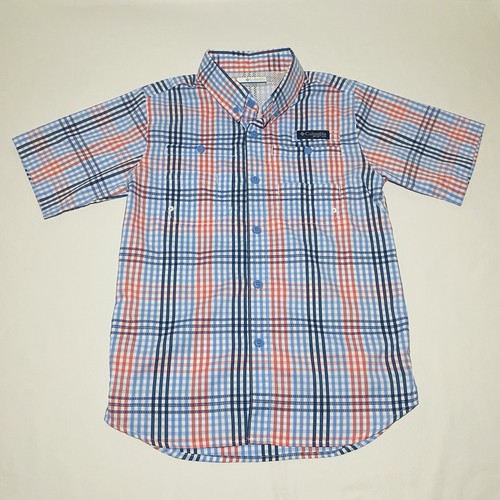 Columbia PFG Boys Super Tamiami Shirt M 10/12 Red White Blue Plaid Fishing Used
