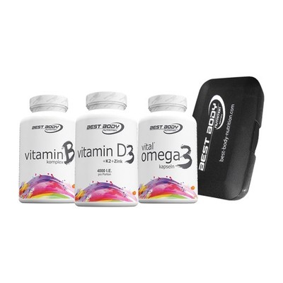 Vitamin D3 + Vitamin K2 + Vitamin B Komplex + Vital Omega 3 + Tablettenbox