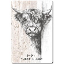 Funny Highland Cow Aluminum Sign Hello Sweet Cheeks Black and White TP39004-US