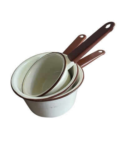 VTG Enameled Sauce Pans Beige And Brown 5”,6”, 7” Rustic Nesting Pans - Picture 2 of 8