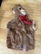 Vtg Character Novelty Co Brown Monkey Hand Puppet 10" Plush, Red Ribbon