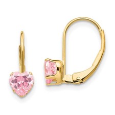 Kids 14k Yellow Gold  Pink CZ 5mm Heart Shaped Lever Back Earrings