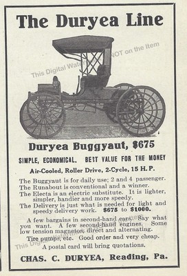 1910 Chas C. Duryea Reading PA AD * The Duryea Line Buggyaut $675 15 hp Runabout