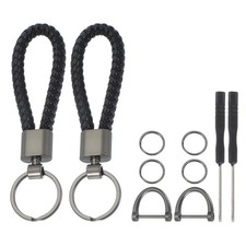 2Pcs Car Key Chain,Handmade Braided Leather Keychain with ring, Black