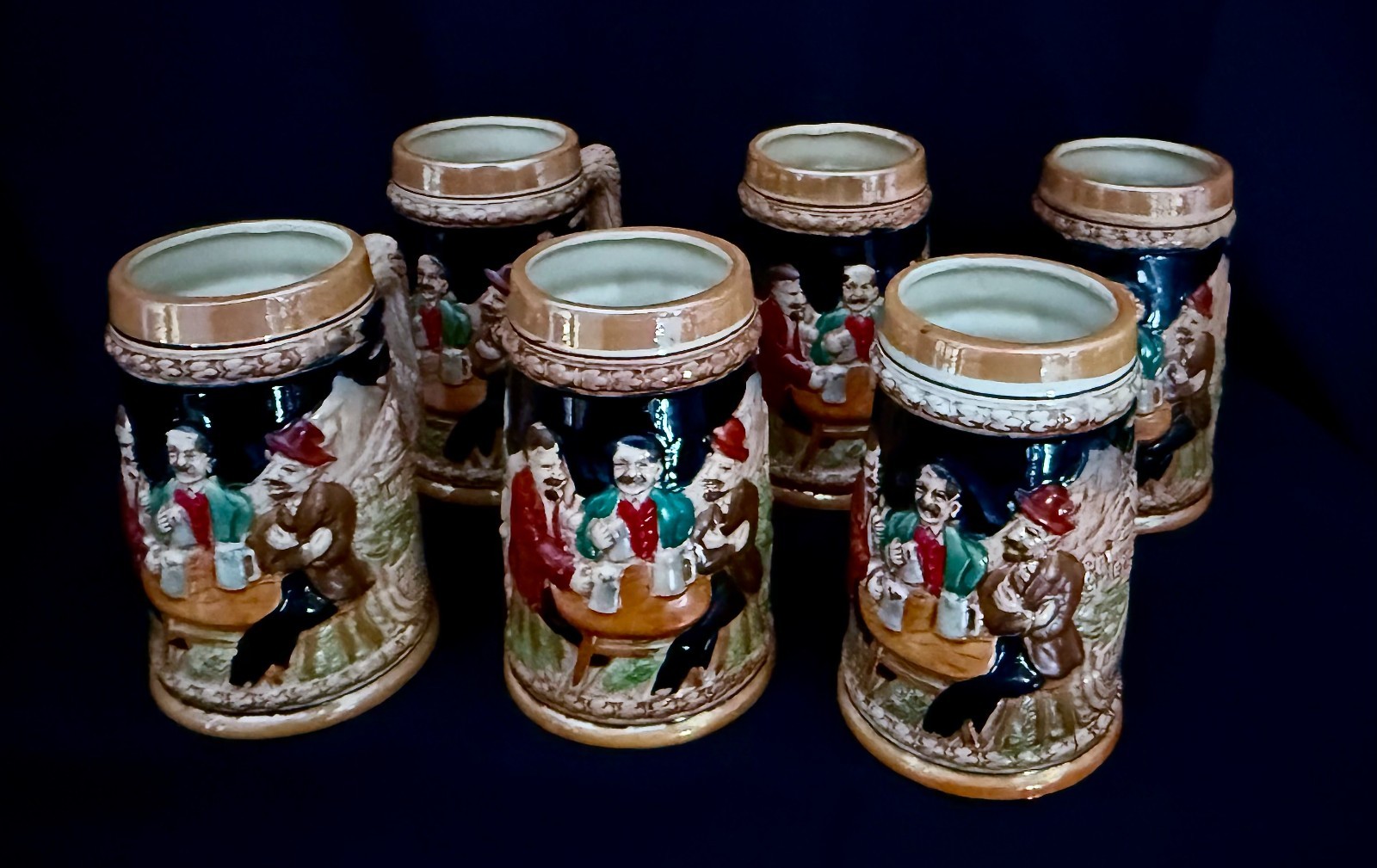 Set of 6 Japanese Beer Mug Steins Mid-20th Century 3 Men Drinking Beer at Table