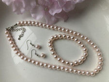 SOFT PINK FAUX PEARL NECKLACE  WITH  EARRINGS  AND BRACELET