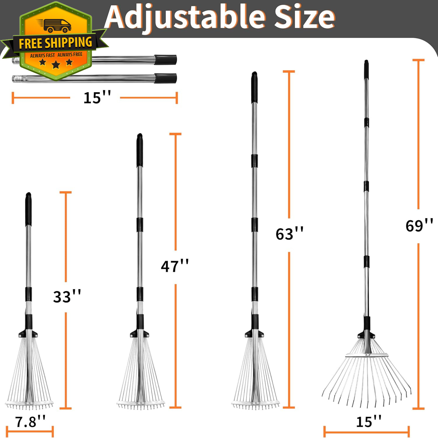Heavy Duty Adjustable Garden Leaf Rake 33"-69" – Expandable Head 8"-15 Lawn Tool