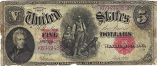 1907 $5  Large Size Legal Tender, "Woodchopper" Note, Circulated