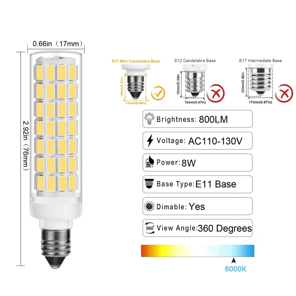 E11 LED Bulb 8W 800LM 100W Equivalent, JDE11 Mini Candelabra LED Bulb Dimmabl... - Image 2 of 4