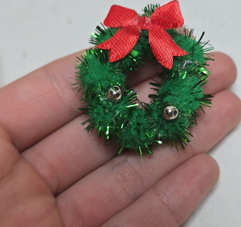 Green Tinsel Wreath Hanging Ornament Red Bow Silver Bells Christmas Decor