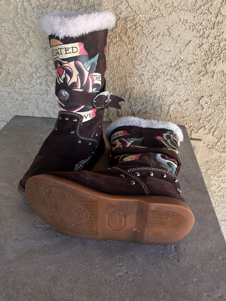 Botas de tatuaje Don Ed Hardy marrón gamuza cuero hebilla talla 5 Foto 2 de 4