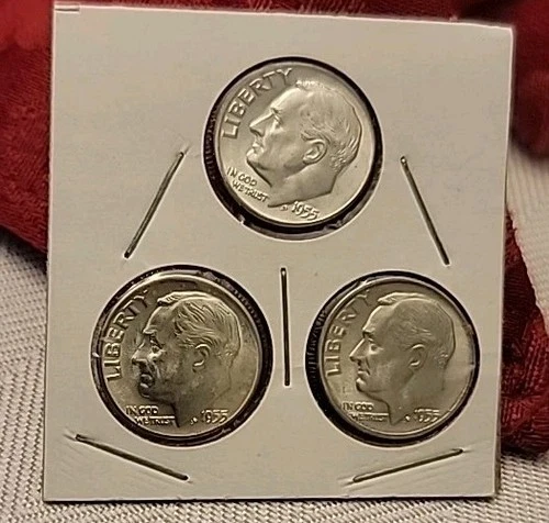 1955 P/D/S SET OF BU SILVER ROOSEVELT DIMES - FREE SHIPPING!