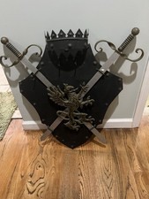 Vintage Metal Coat of Arms Shield with Swords Wall Art